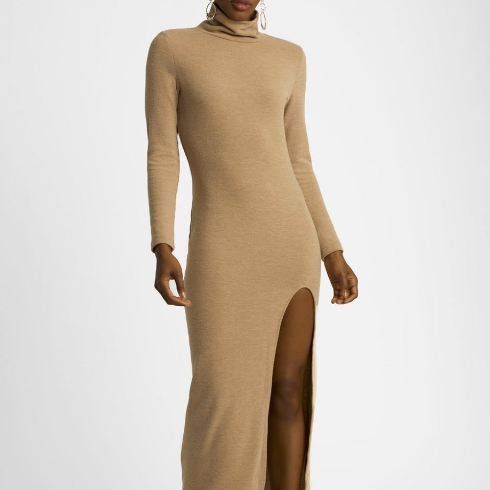 Turtleneck Midi Dress with Thigh Slit - Camel
